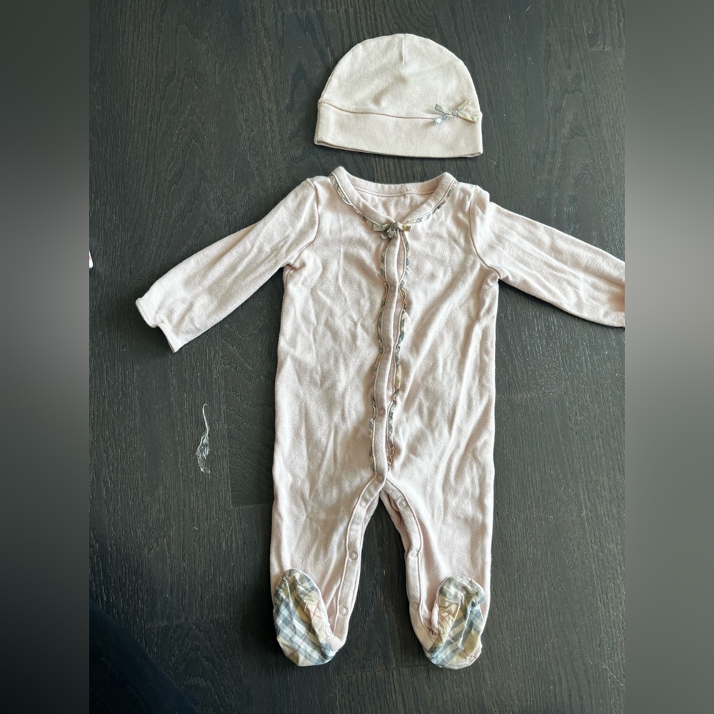 Light pink burberry onsie with matching hat